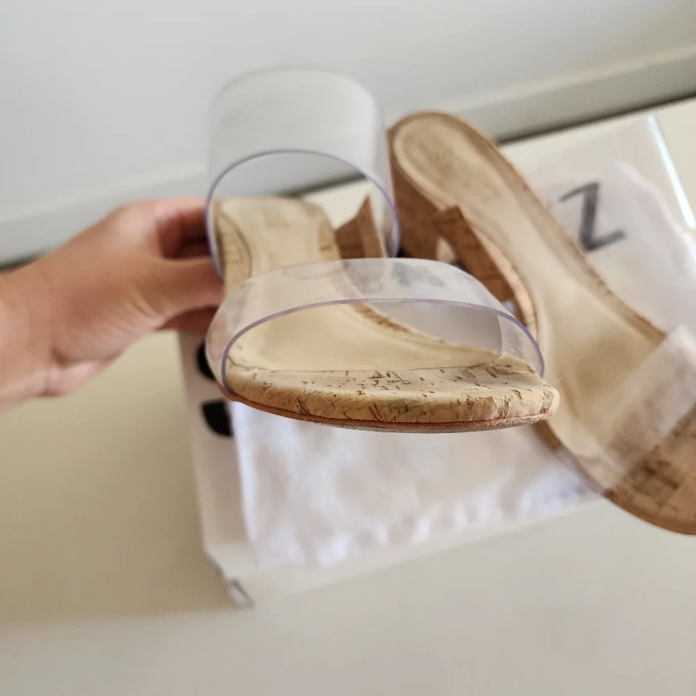 SCHUTZ Victorie Clear Strap Tan Block Heel Mules - Picture 8 of 13